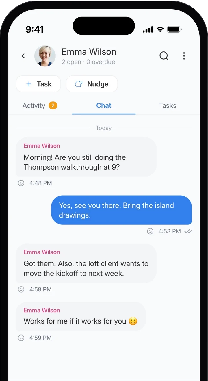 A conversation with a contact, with Activity, Chat, and Tasks tabs side by side